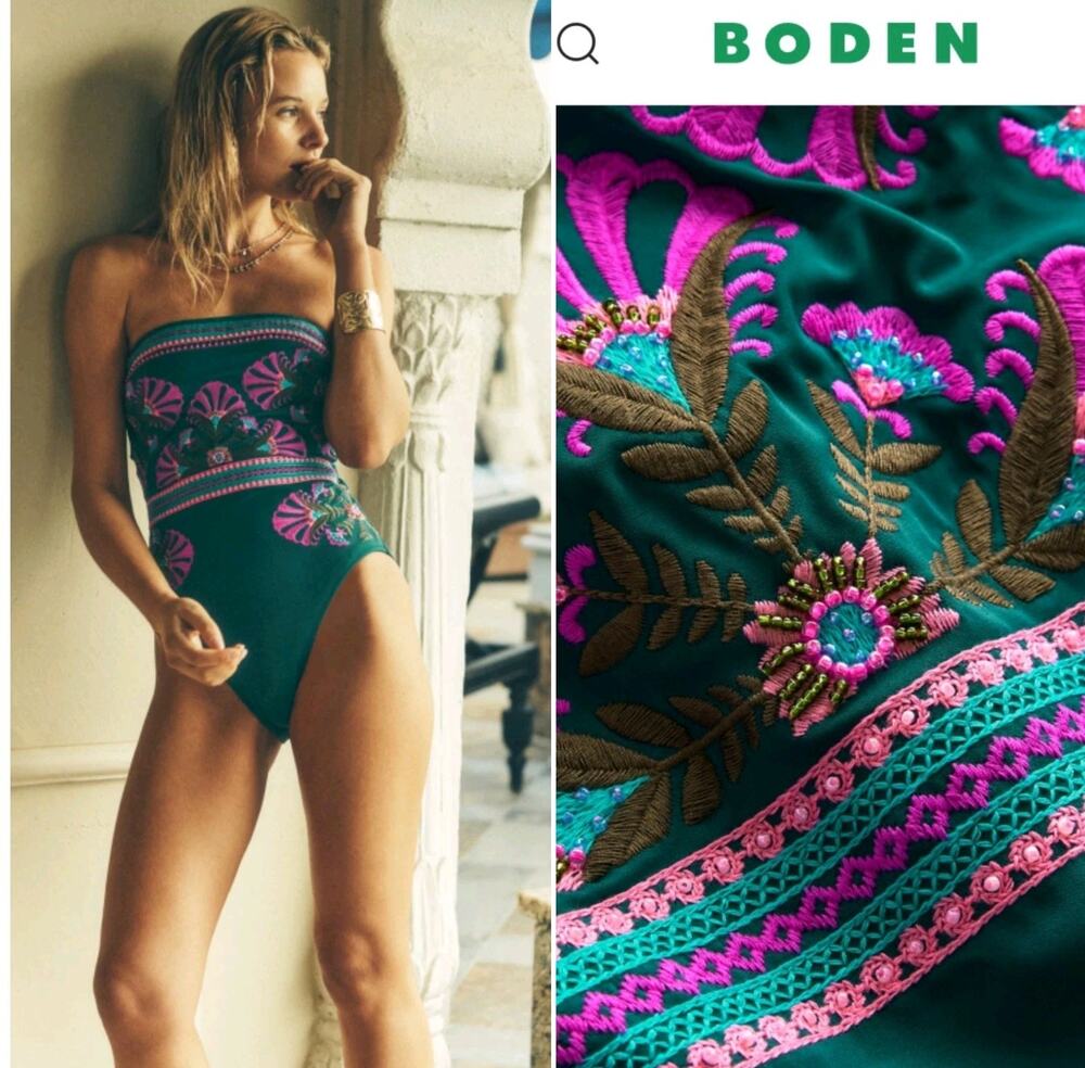 Boden Paros Bandeau w/straps Swimsuit Size 4 Teal/Green Ornate Embroidery New